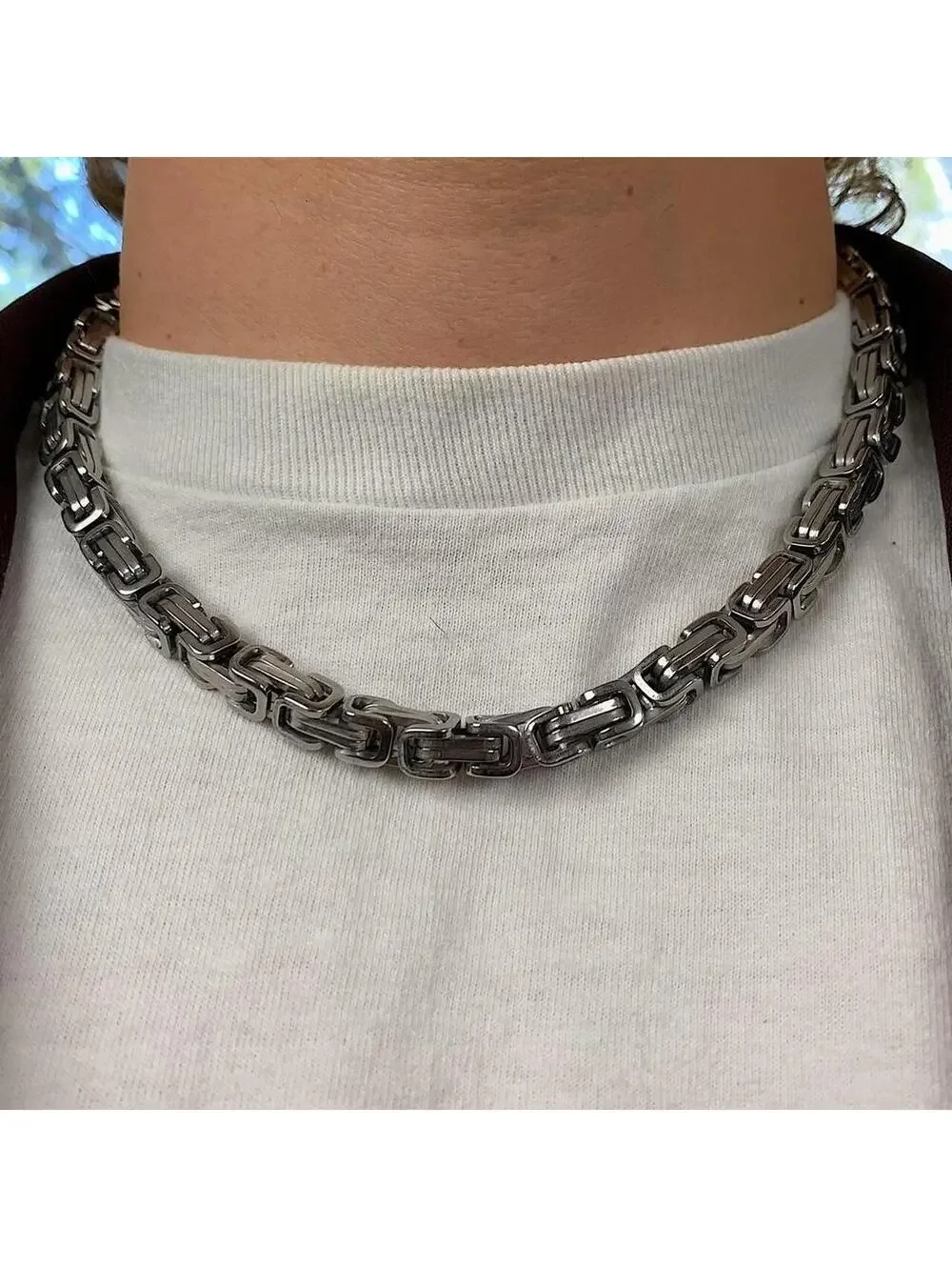 Y2k Cyber Punk style Silver stainless steel interlocked link chain necklace.